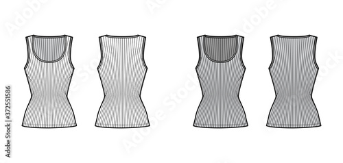 Ribbed cotton-jersey tank technical fashion illustration with wide scoop neck, close fit knit, tunic length. Flat camisole apparel template front back white grey color. Women men unisex shirt top CAD