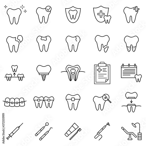 Dental medicine line icons set. Outline dentistry signs such as tooth, teeth treatment, mouth hygiene, oral health care