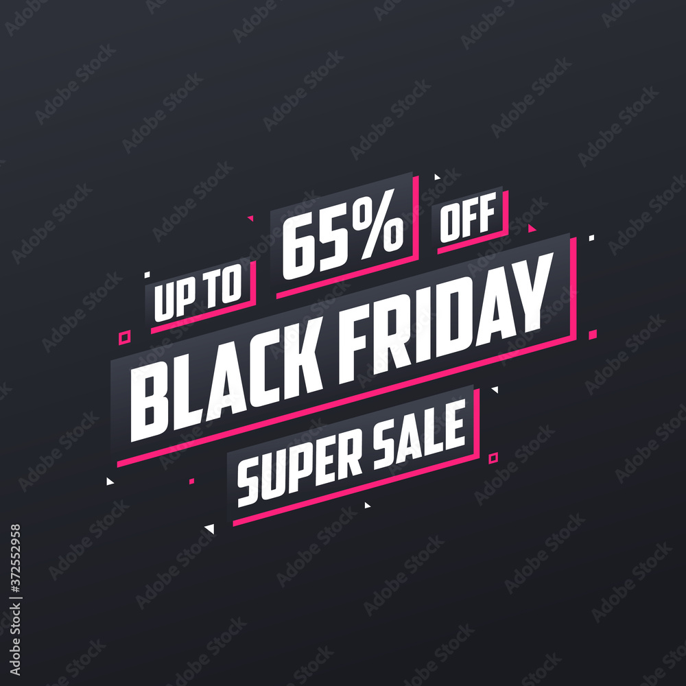 Black Friday sale banner or poster upto 65% off. Black Friday sale 65% discount offer vector illustration.