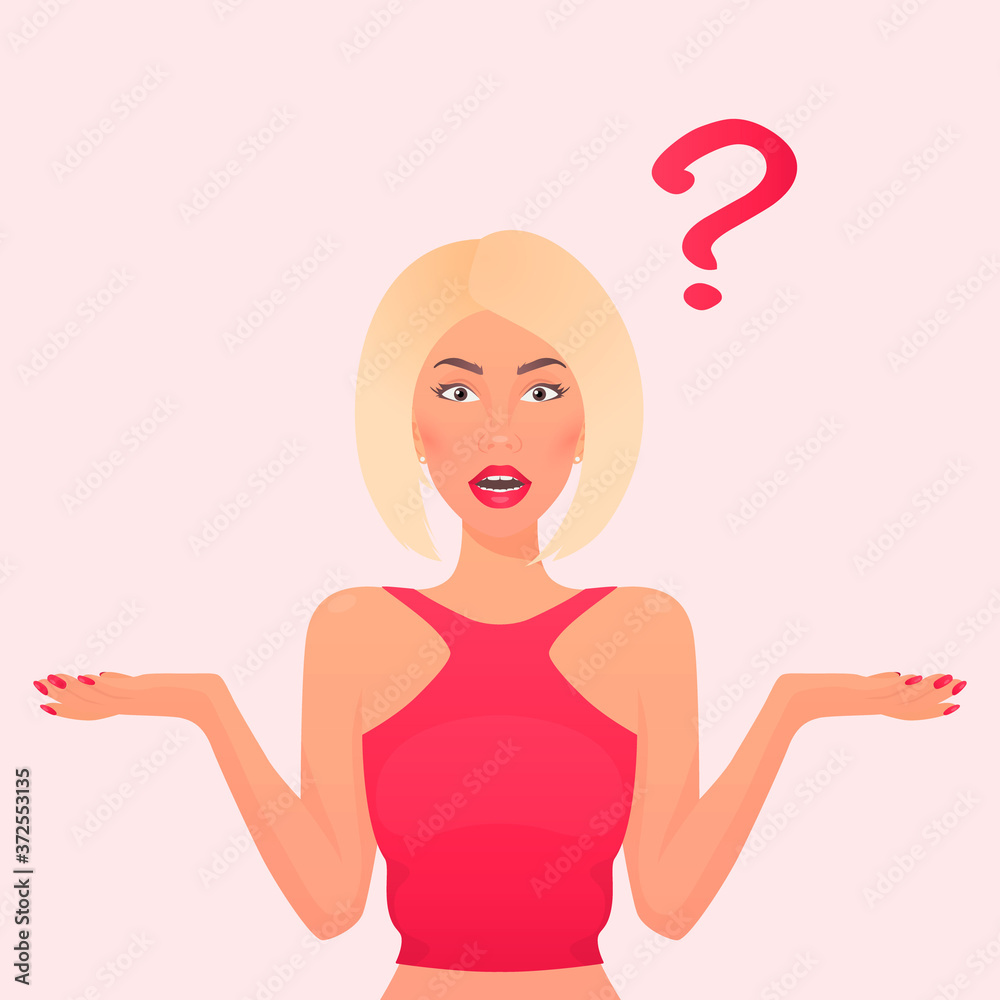 Pretty Blonde European Confused Woman, Young Lady, Girl with Arms Outstretched. Make a Choice, Doesn t know to Do Concept. Question Mark. Vector Illustration. Portrait, Avatar. Front View Pretty Blonde European Confused Woman, Young Lady, Girl with Arms Outstretched. Make a Choice, Doesn t know to Do Concept. Question Mark. Vector Illustration. Portrait, Avatar. Front View