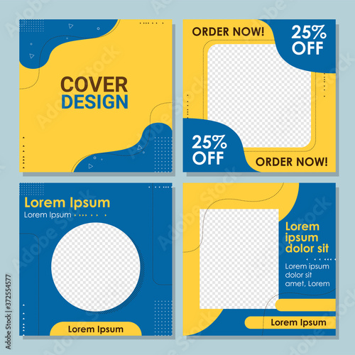 Social media post templates set for business with abstract vector illustration on background. Square posts layouts blue and yellow