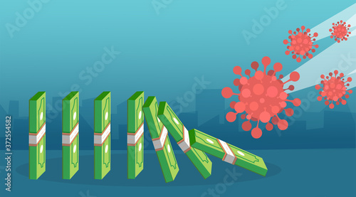 Vector of COVID-19 virus pathogen creating  domino effect and finance crisis.