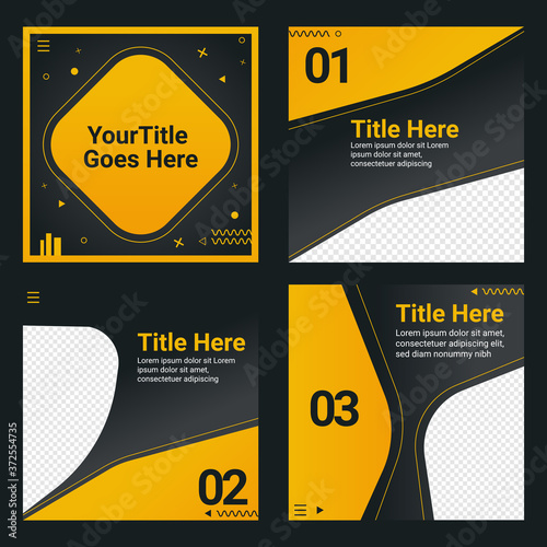 Social media post templates set for business with abstract vector illustration on background. Square posts layouts black and yellow