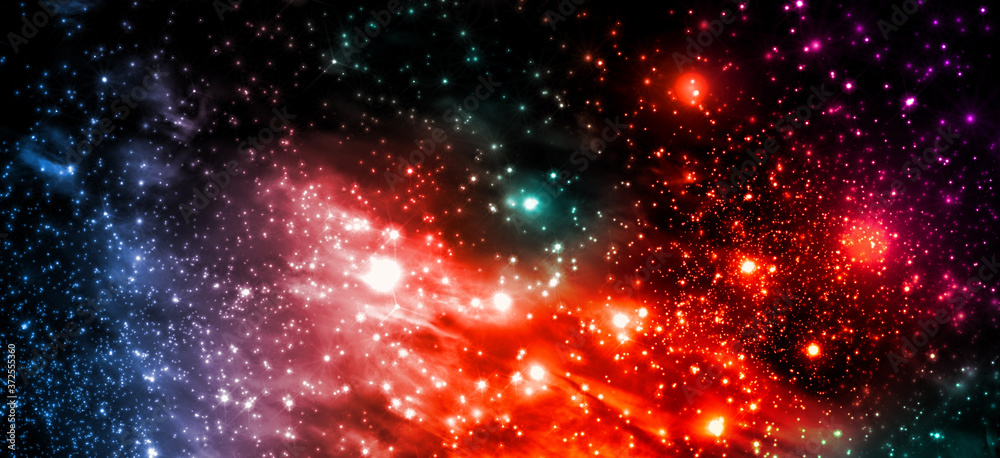 Naklejka premium Fictitious colorful star field with nebulae, sparkling stars, suns and galaxies - 3d illustration