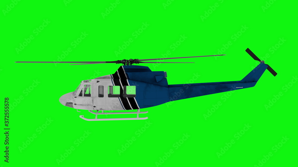 Realistic helicopter flying. Side view. Green screen. 3d rendering