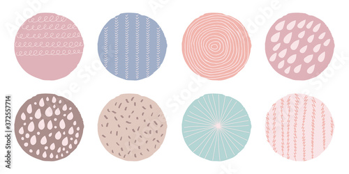 Abstract set art design template background with trendy color circles shapes and hand drawn curved lines. Creative modern design for logo, poster, wallpaper, business identity. Vector illustration.