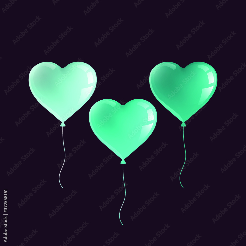 Realistic festive balloons in the shape of a heart light turquoise, turquoise and dark turquoise. Isolated objects. Vector illustration. 