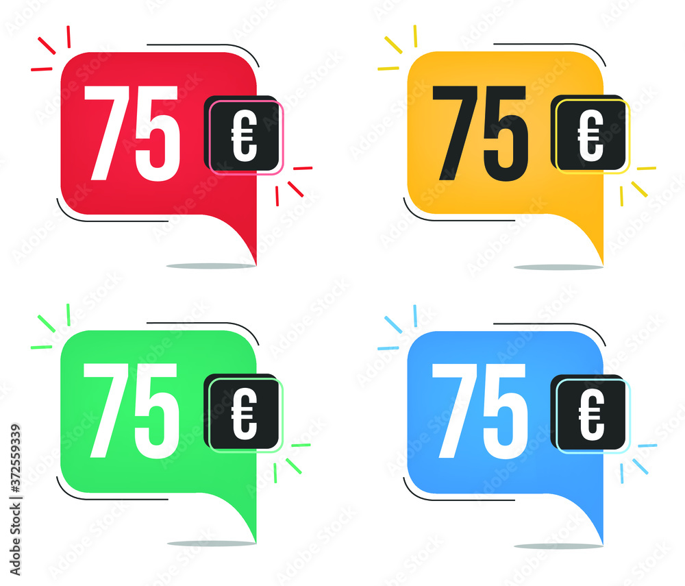 Fototapeta premium €75 euro price. Yellow, red, blue and green currency tags. Balloon concept with seventy-five euros sales tag.