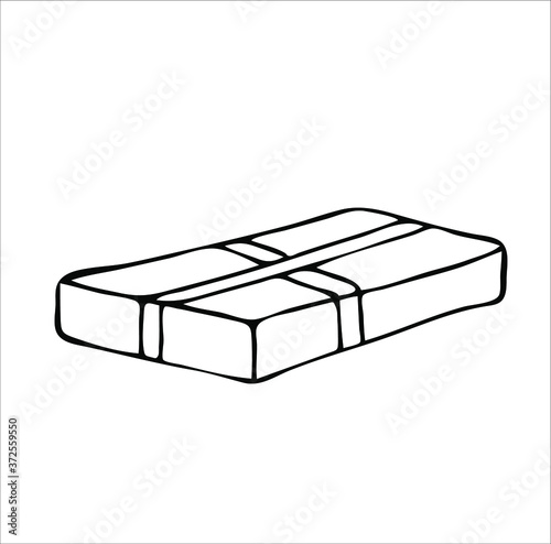 a narrow box tied with tape or tape, a parcel or gift under the Christmas tree, a contour drawing by hand, a hand drawing isolated on a white background