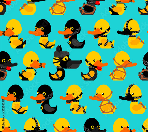 BDSM duck pattern seamless. fetish toy background. Rubber duck in black suit texture. vector ornament