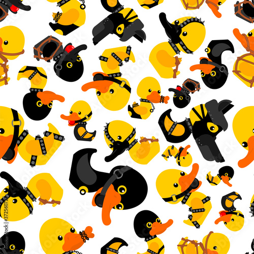 BDSM duck pattern seamless. fetish toy background. Rubber duck in black suit texture. vector ornament