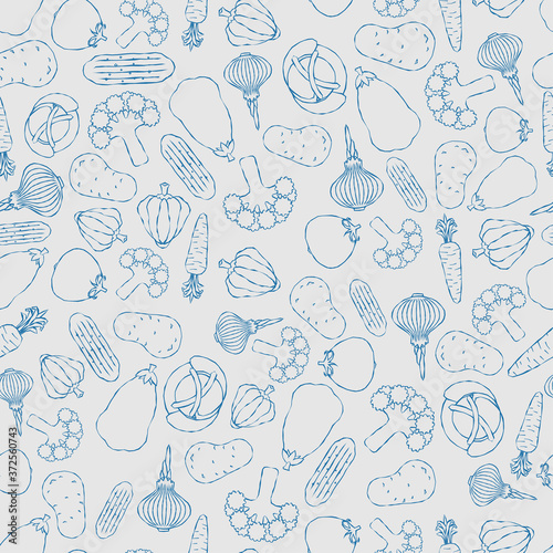 Vegetables hand drawing pattern seamless. Potatoes and cabbage, peppers and carrots, eggplant and onions background