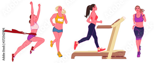 Vector illustration of a young woman in sportswear. Cartoon realistic people illustration. Flat young woman. Front, side and treadmill views. Athletic woman. Sports, training, running.