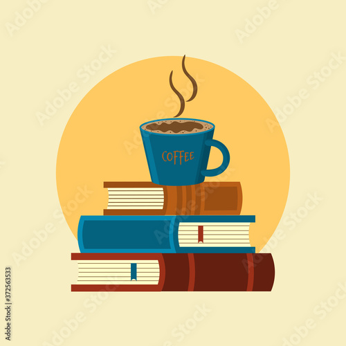 Stack of books and coffee in cup. Vector illustration in flat style.