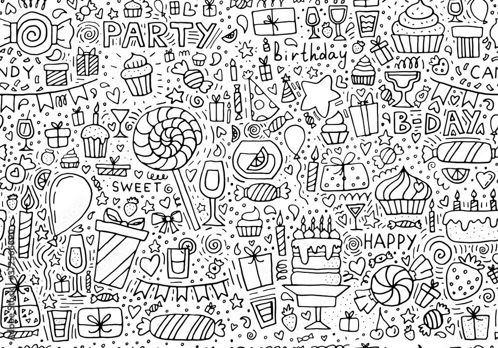 Seamless pattern of doodle happy birthday party. Hand drawn background. Vector