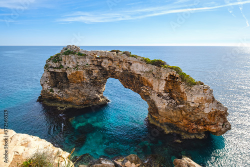 Spain, Mallorca, Santanyi, Drone view of Es Pontas arch in summer photo