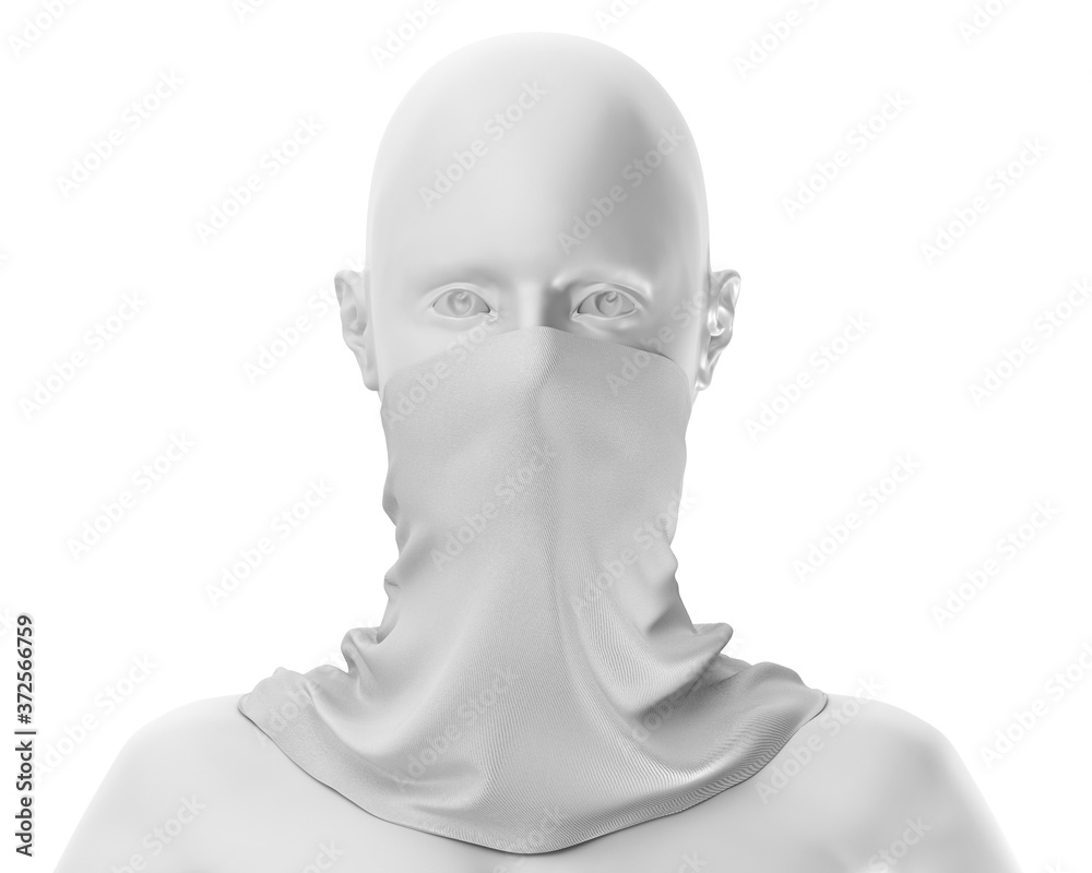 White Neck gaiter mockup with white mannequin, Blank Fabric necker dust proof 3d Rendering isolated on white background White Neck gaiter mockup with white mannequin, Blank Fabric necker dust proof 3d Rendering isolated on white background