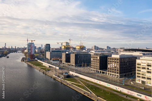 Germany, Berlin, Aerial view of Spree river canal and Berlin Ostbahnhof area