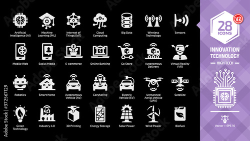 Innovation technology icon set in dark mode with high tech wireless smart future business symbol: artificial intelligence (AI), machine learning (ML), internet of things (IoT), sensors, mobile web.