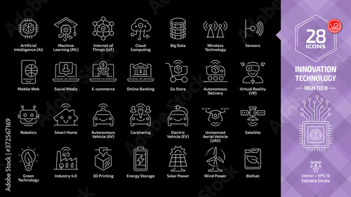 Innovation technology outline icon set in dark mode with high tech future business editable stroke line sign: artificial intelligence, machine learning, internet of things, social media, e-commerce.