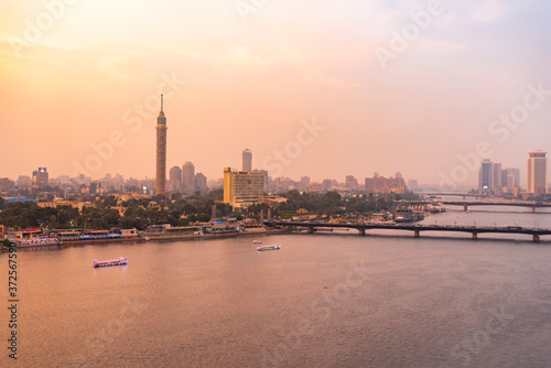 Egypt, Cairo, Nile with the Cairo Tower on Gezira Island at sunset photo