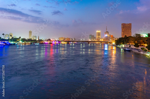 Egypt, Cairo, River Nile with 6th October Bridge at night photo