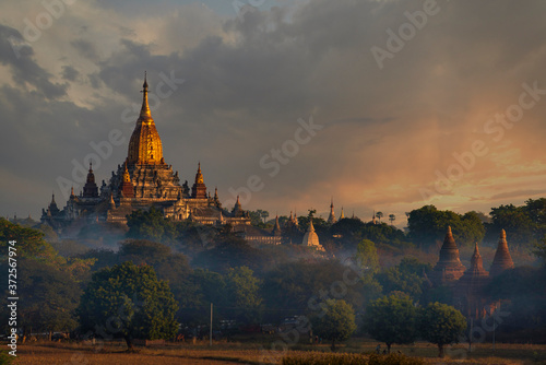Myanmar, Mandalay Region, Bagan, Ancient Buddhist temple at foggy dawn