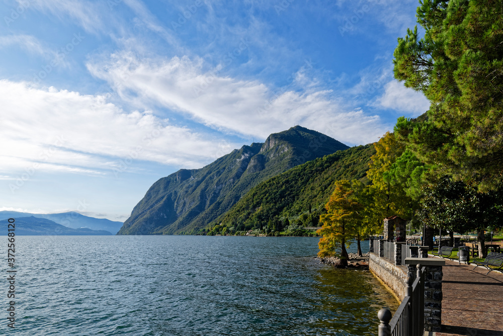 Italy, Lombardy, Riva di Solto, Lake Iseo and mountain Italy, Lombardy, Riva di Solto, Lake Iseo and mountain
