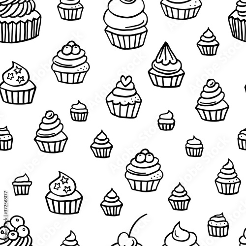 Hand drawn cupcake doodle background seamless pattern with desserts, berries. Vector illustration