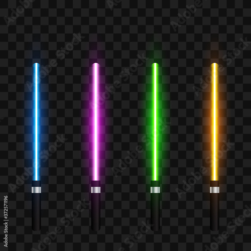 Set of neon light swords, isolated on transparent background, vector illustration.