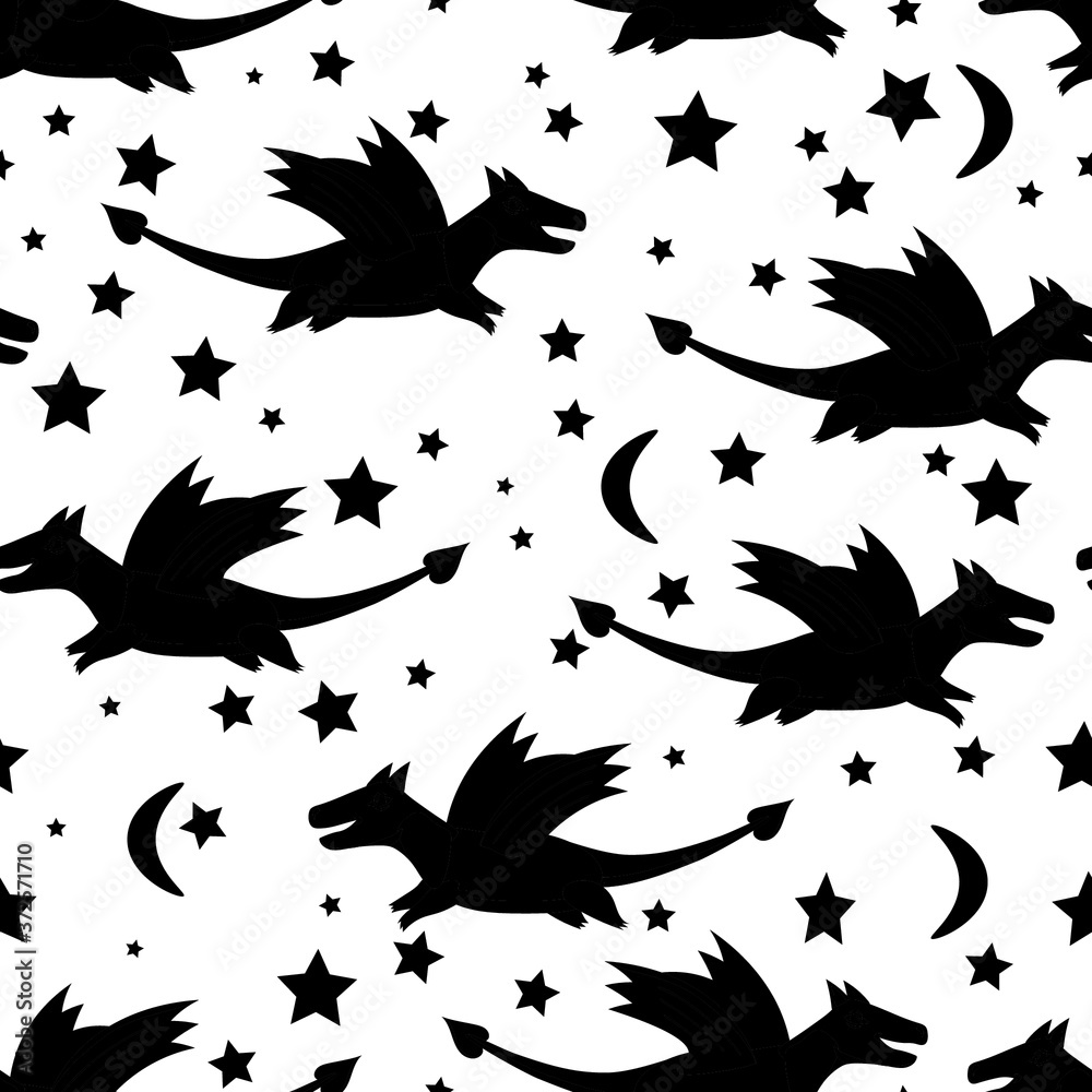 Obraz premium Dragons, stary night , magic world , cute characters vector seamless pattern on white background. Concept for print, wallpaper, wrapping paper, cards 