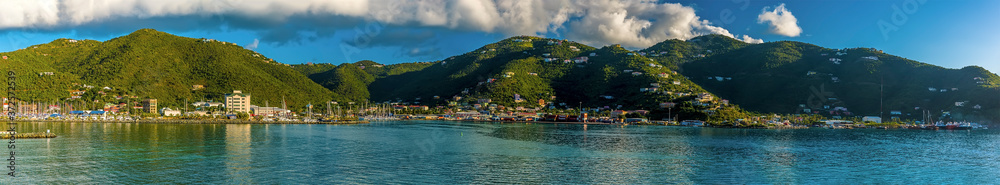 A panorama view across Road Town on Tortola in the early morning sunshine