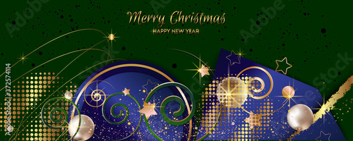 Modern festive Christmas and Happy New Year gold design on a dark background abstract shiny color golden. Vector modern dressy banner