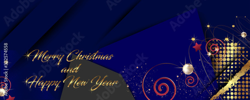Modern festive Christmas and Happy New Year gold design on a dark background abstract shiny color golden. Vector modern dressy banner