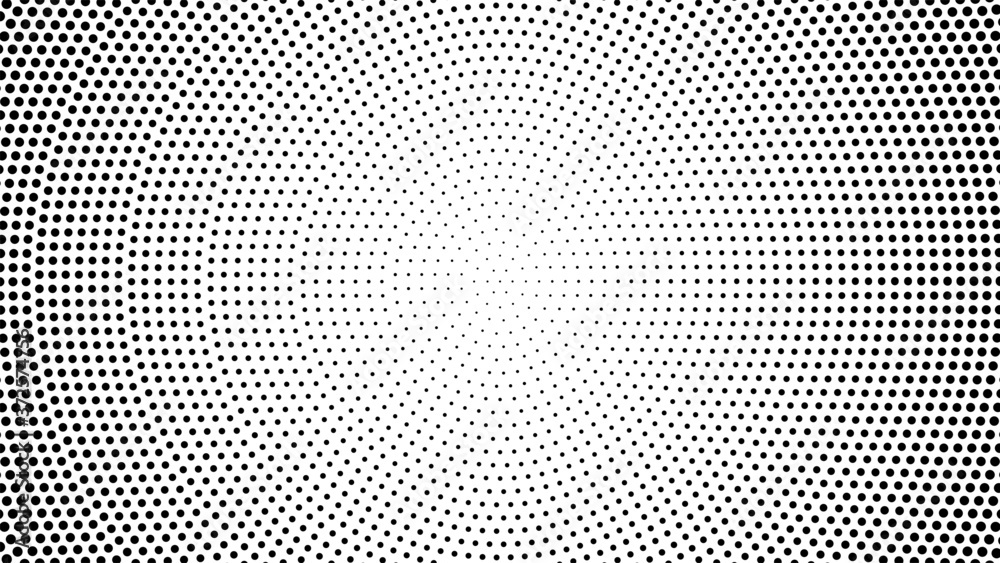 Black and white halftone radial pattern. Abstract dotted vector background.
