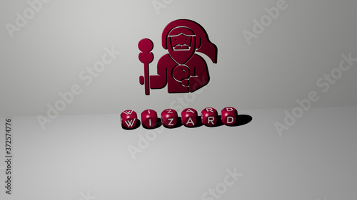 WIZARD 3D icon on the wall and text of cubic alphabets on the floor, 3D illustration for magic and background photo