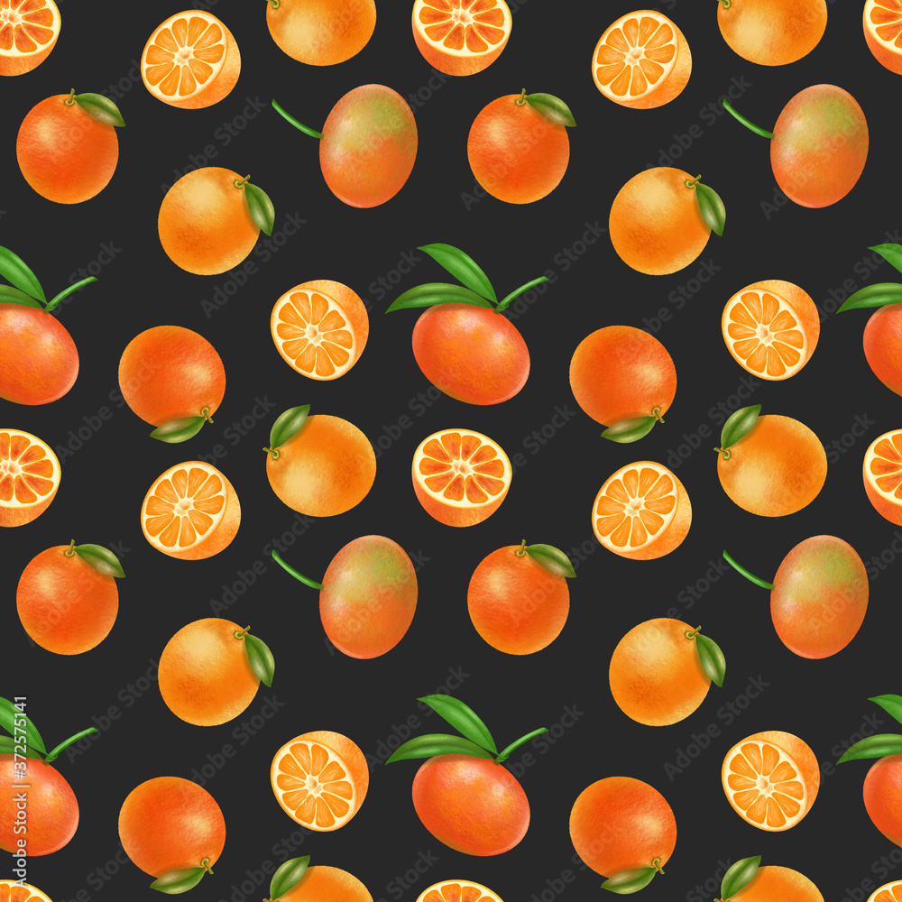 Seamless pattern with hand drawn mandarins on a dark background Seamless pattern with hand drawn mandarins on a dark background