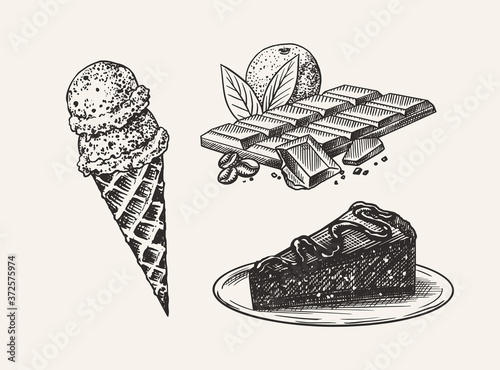 Liqueur dessert. Ice cream and cake and Chocolate bar. Engraved hand drawn vintage sketch. Woodcut style. Vector illustration for menu or poster.