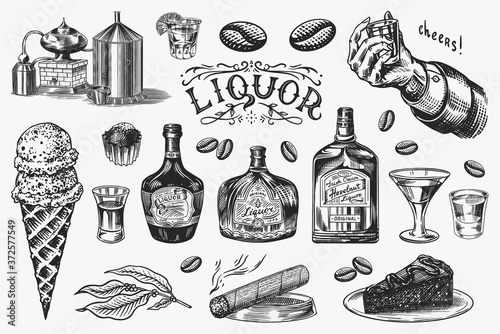 Liquor set. Bottle and shot and Distilled alcohol. Glass in hand for cheers toast. Cigar and sweets, ice cream and chocolate bar. Engraved hand drawn vintage sketch for menu or poster.