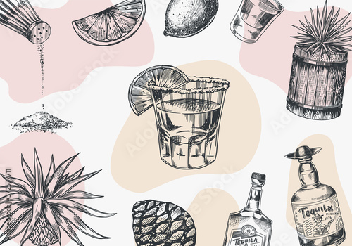 Tequila background. Glass bottle, shot with lime, blue agave Plant and barrel. Retro poster or banner. Engraved hand drawn vintage sketch. Woodcut style. Vector illustration.