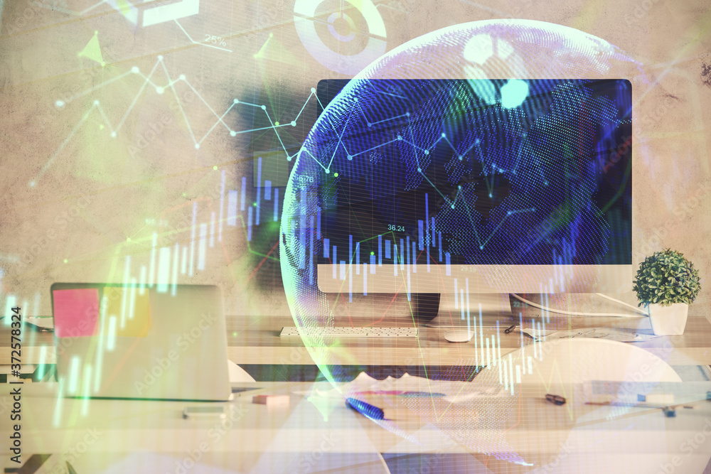 Multi exposure of financial graph drawing and office interior background. Concept of market analysis.