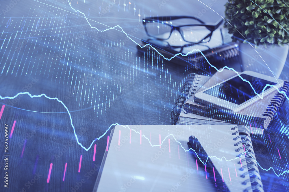 Double exposure of forex chart drawing and cell phone background. Concept of financial trading Double exposure of forex chart drawing and cell phone background. Concept of financial trading