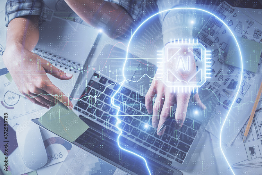 Double exposure of man and woman working together and human brain hologram drawing. Brainstorm concept. Computer background. Top View. Double exposure of man and woman working together and human brain hologram drawing. Brainstorm concept. Computer background. Top View.