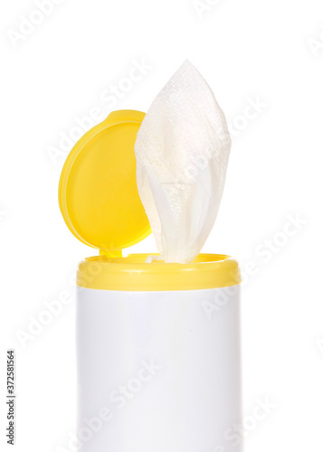 Close up on top of a pop up disinfecting wipes container, isolated on white. Vertical presentation.