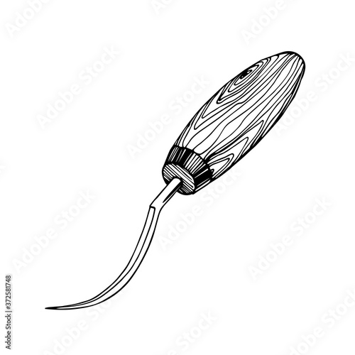shoe awl with wooden handle, professional tool, for an icon, logo or emblem, vector illustration with black ink contour lines isolated on a white background in a hand drawn & doodle style