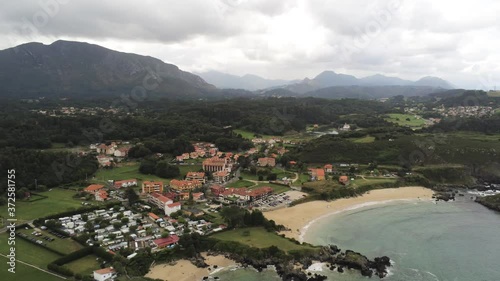 Asturias. Beautiful  coastal area in beach of Borizo.  Barro and  Celorrio. Spain. Aerial Drone Footage photo