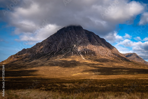 Buachaille Etive Mor with its hat on! Cloud darkens the peak of this iconic mountain.
