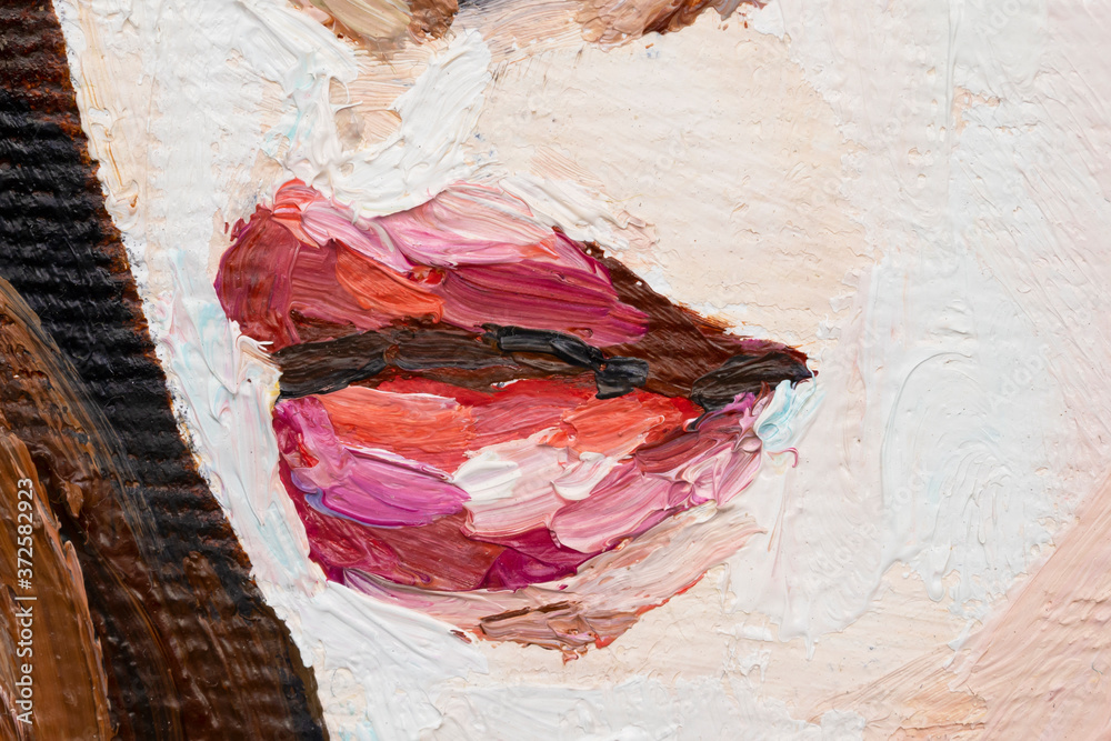 Macro. Textured art. Fragment of oil painting. Lips. Portrait of a girl.
