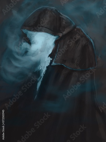Bilde på lerret digital painting of a foggy hooded ghost creature creeping in the dark - digital