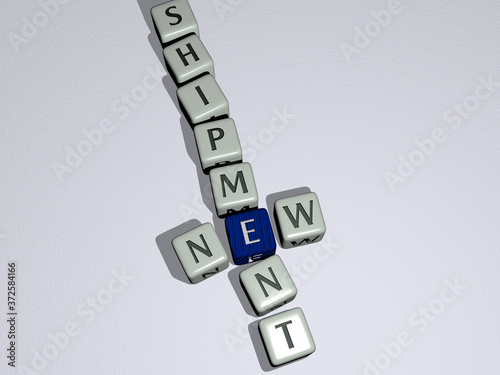 new shipment crossword by cubic dice letters, 3D illustration for delivery and cargo